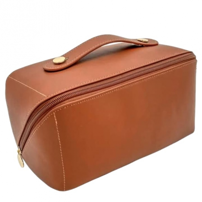 Geanta textila de voiaj unisex pentru depozitare si transport articole cosmetice, Tecos®, dimensiuni 23.5* 11* 10.5 centimetri, cu maner, maro [8]