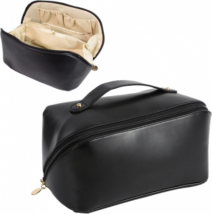 Geanta textila de voiaj unisex pentru depozitare si transport articole cosmetice, Tecos®, dimensiuni 23.5* 11* 10.5 centimetri, cu maner, negru [2]
