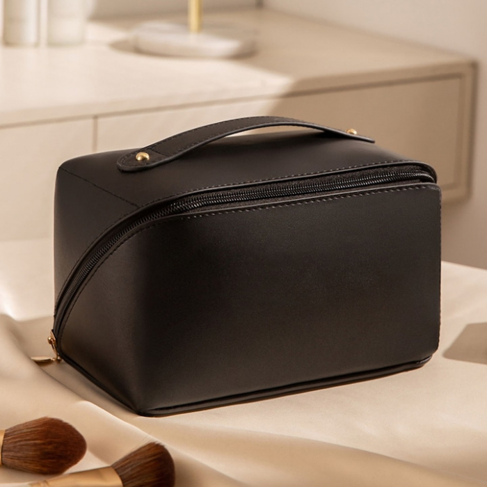 Geanta textila de voiaj unisex pentru depozitare si transport articole cosmetice, Tecos®, dimensiuni 23.5* 11* 10.5 centimetri, cu maner, negru [5]