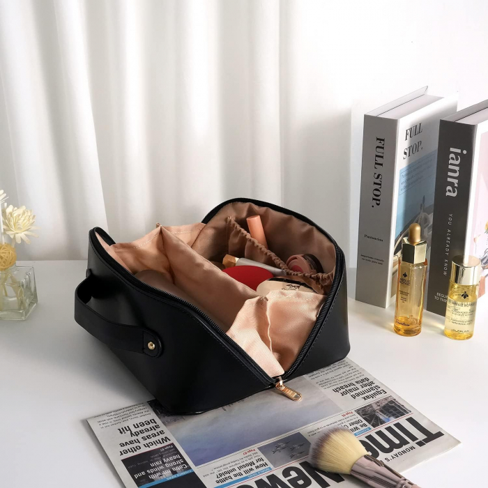 Geanta textila de voiaj unisex pentru depozitare si transport articole cosmetice, Tecos®, dimensiuni 23.5* 11* 10.5 centimetri, cu maner, negru [3]