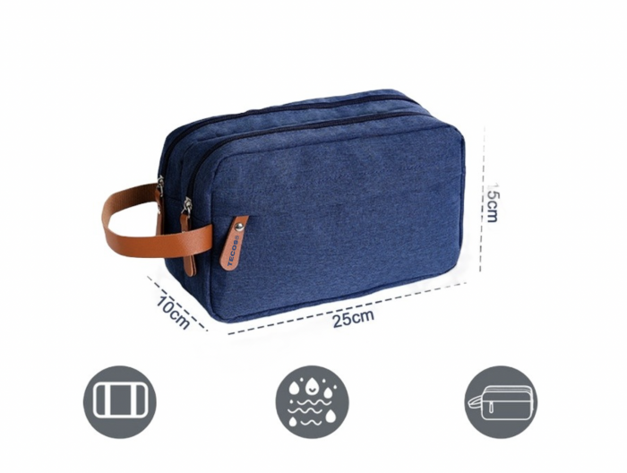 Geanta textila de voiaj unisex pentru depozitare si transport articole cosmetice, Tecos®, dimensiuni 25* 10* 15 centimetri, cu agatatoare, albastru [5]