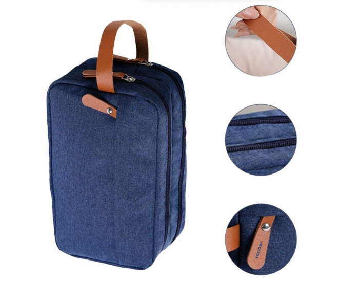 Geanta textila de voiaj unisex pentru depozitare si transport articole cosmetice, Tecos®, dimensiuni 25* 10* 15 centimetri, cu agatatoare, albastru [2]