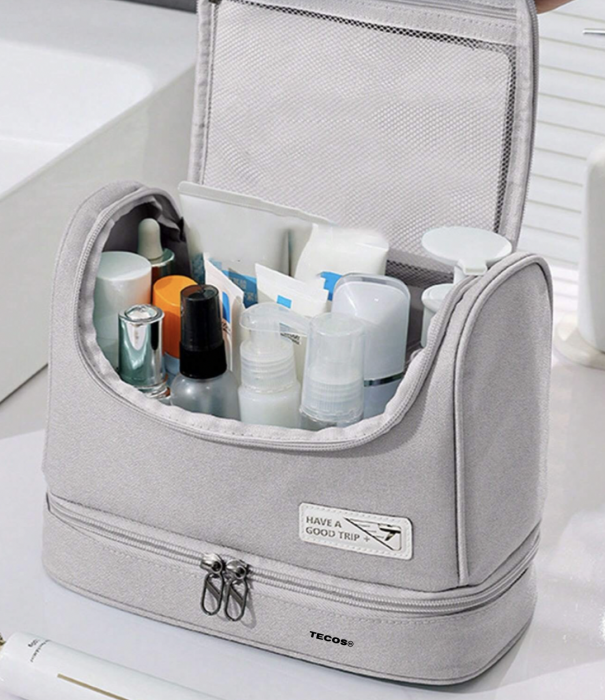 Geanta textila de voiaj unisex pentru depozitare si transport articole cosmetice, Tecos®, dimensiuni 25* 11* 20 centimetri, cu agatatoare, gri [2]