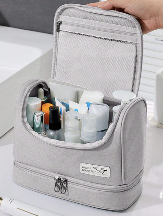 Geanta textila de voiaj unisex pentru depozitare si transport articole cosmetice, Tecos®, dimensiuni 25* 11* 20 centimetri, cu agatatoare, gri [6]