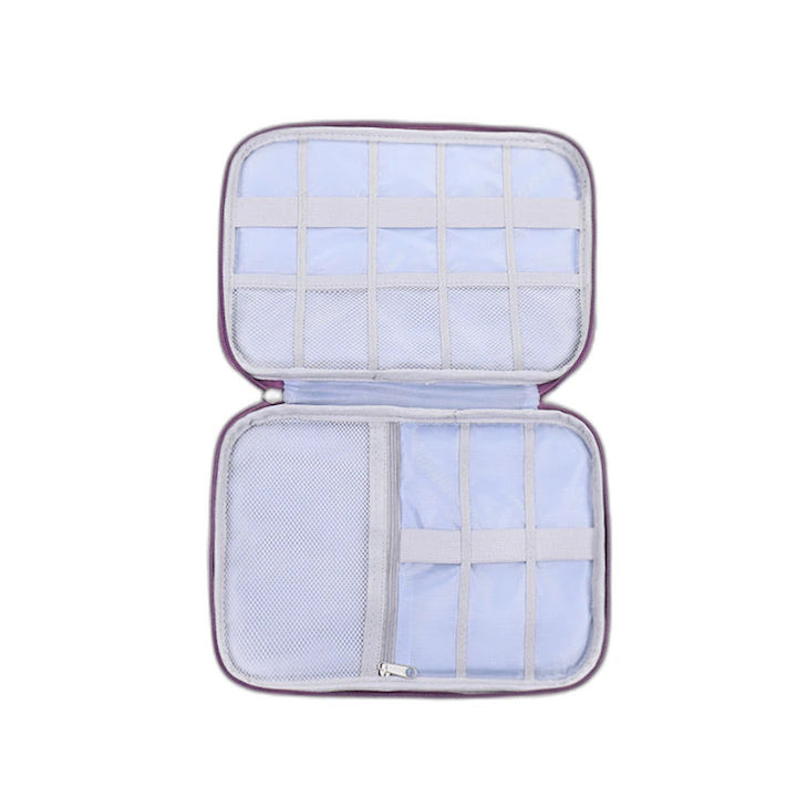 Geanta textila pentru depozitarea cablurilor, castilor, accesoriilor electronice, Tecos®, inchidere cu fermoar, curele elastice, impermeabil, 21x16, gri deschis [4]