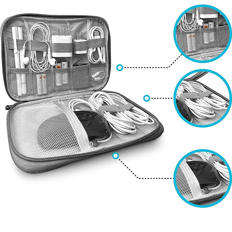 Geanta textila pentru depozitarea cablurilor, castilor, accesoriilor electronice, Tecos®, inchidere cu fermoar, curele elastice, impermeabil, 21x16, gri deschis [8]
