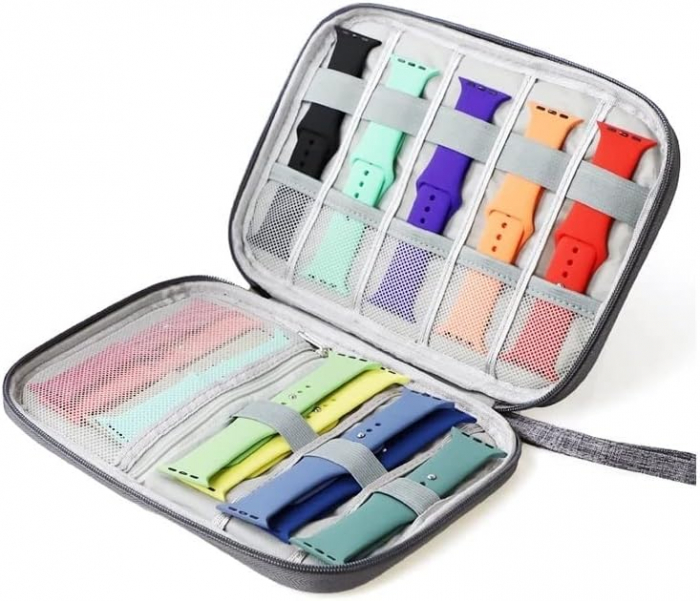 Geanta textila pentru depozitarea cablurilor, castilor, accesoriilor electronice, Tecos®, inchidere cu fermoar, curele elastice, impermeabil, 21x16, gri deschis [3]