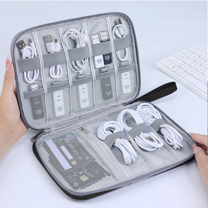 Geanta textila pentru depozitarea cablurilor, castilor, accesoriilor electronice, Tecos®, inchidere cu fermoar, curele elastice, impermeabil, 24, 5x18x10cm, albastru [3]