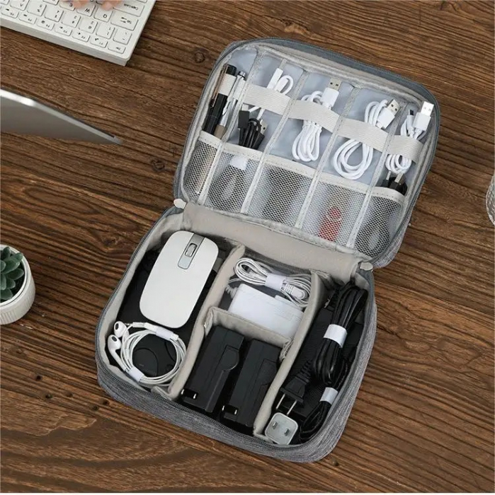 Geanta textila pentru depozitarea cablurilor, castilor, accesoriilor electronice, Tecos®, inchidere cu fermoar, curele elastice si pereti interiori cu arici, impermeabil, 24, 5x18x10cm, gri [9]