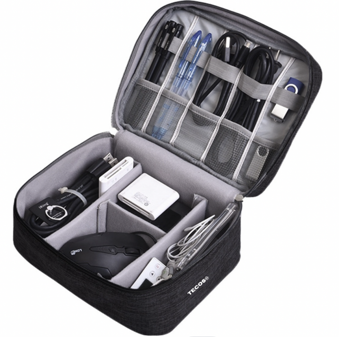 Geanta textila pentru depozitarea cablurilor, castilor, accesoriilor electronice, Tecos®, inchidere cu fermoar, curele elastice si pereti interiori cu arici, impermeabil, 24, 5x18x10cm, negru [6]