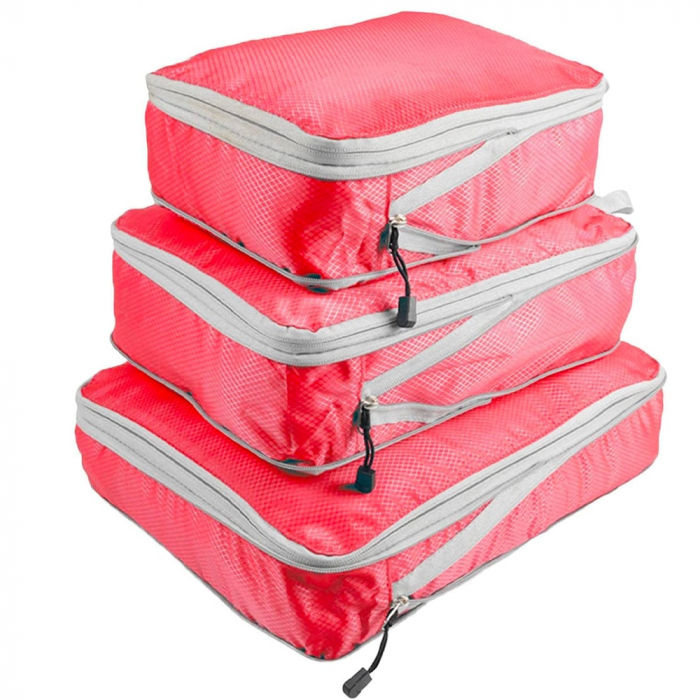 Organizatoare bagaj, TECOS, roșu, sistem compresie/extensie cu fermoar, impermeabile, perfecte pentru troller sau valiza, 3 bucăți [6]