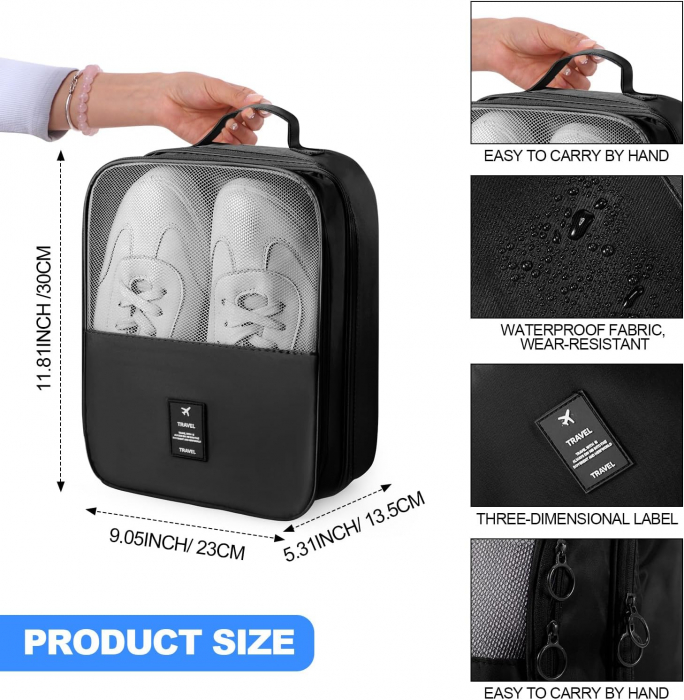 Organizator depozitare incaltaminte si alte accesorii, Tecos, 2 compartimente, ideal pentru troller sau valiza, dimensiuni 23*13.5*30cm, rezistent la apa, negru [3]