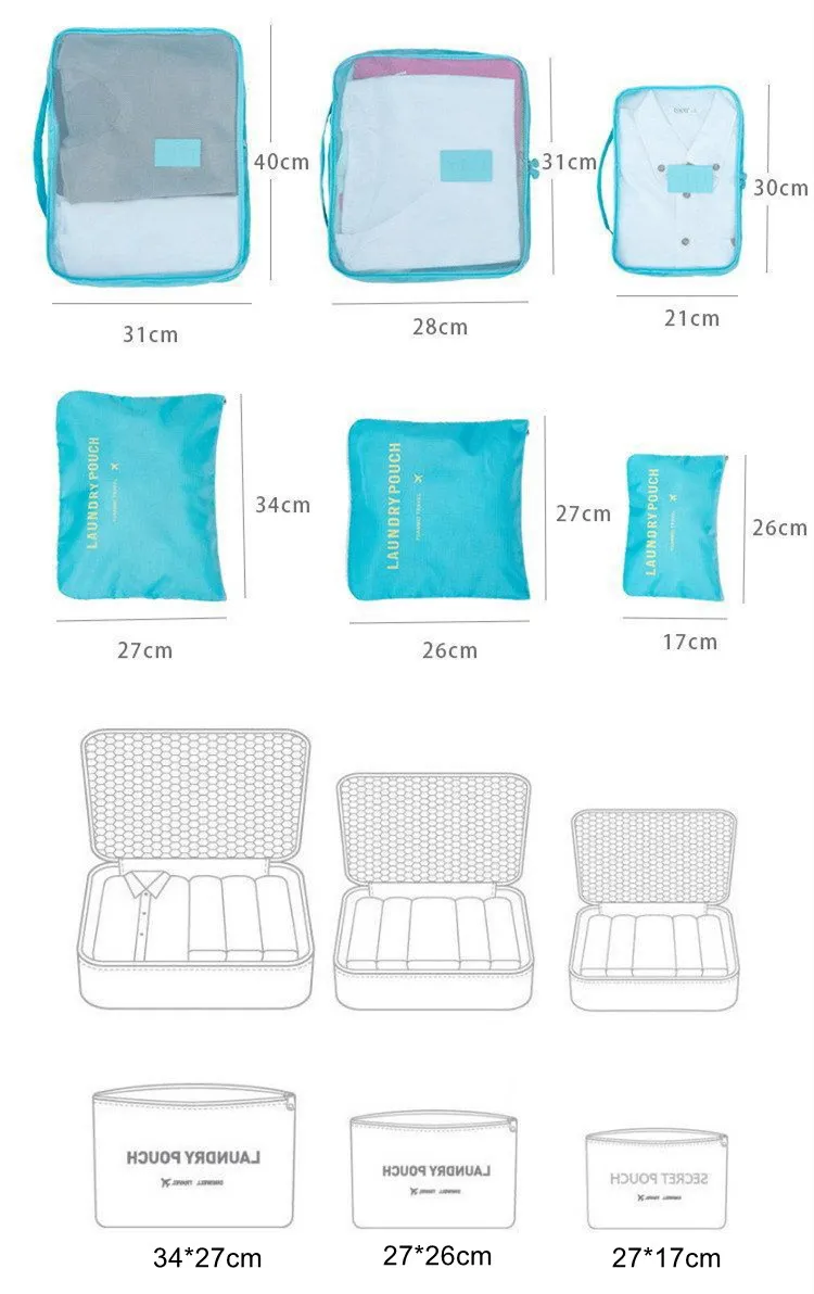 Organizator pentru bagaje format din 6 piese, dimensiuni diferite, perfect pentru troller sau valiza, bleu [4]