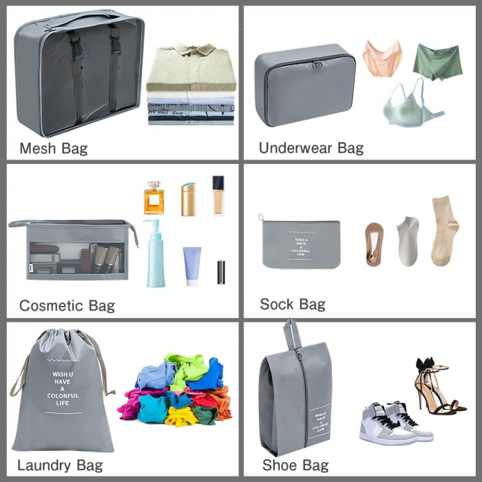 Organizator pentru bagaje format din 8 piese, dimensiuni diferite, perfect pentru troller sau valiza, gri [3]