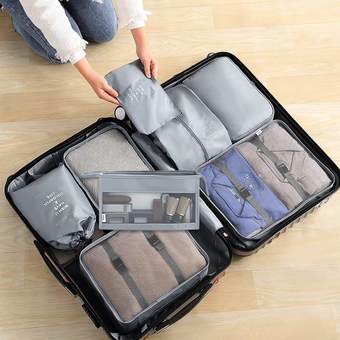 Organizator pentru bagaje format din 8 piese, dimensiuni diferite, perfect pentru troller sau valiza, gri [6]