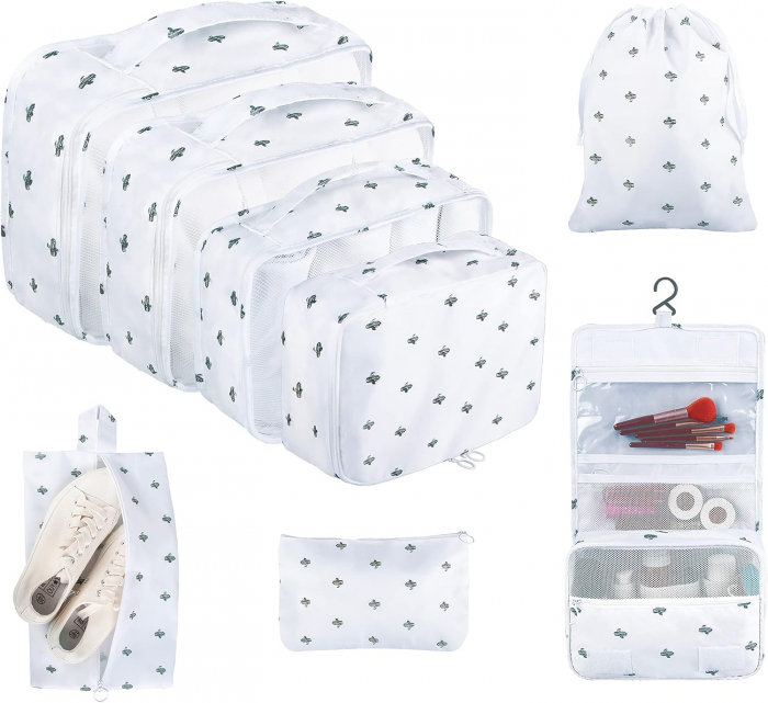 Organizator pentru bagaje format din 8 piese, dimensiuni diferite, perfect pentru troller sau valiza, alb [2]