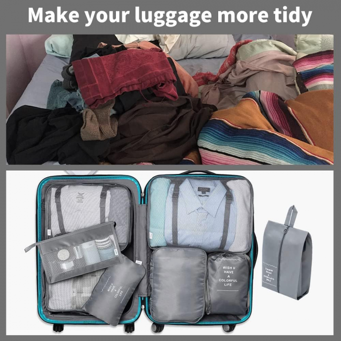 Organizator pentru bagaje format din 8 piese, dimensiuni diferite, perfect pentru troller sau valiza, gri [5]