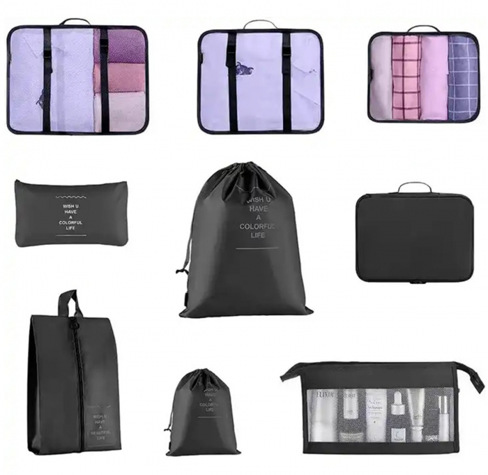 Organizator pentru bagaje format din 8 piese, dimensiuni diferite, perfect pentru troller sau valiza, negru [4]