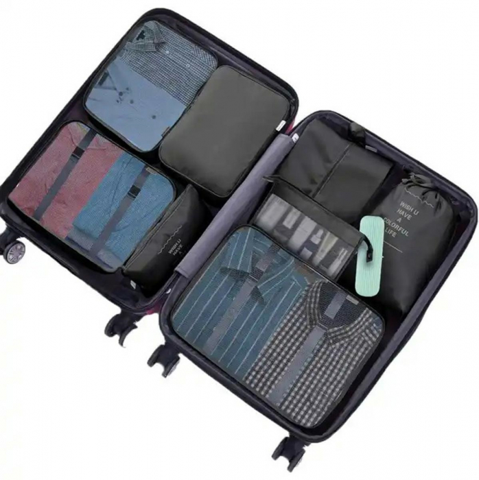 Organizator pentru bagaje format din 8 piese, dimensiuni diferite, perfect pentru troller sau valiza, negru [6]