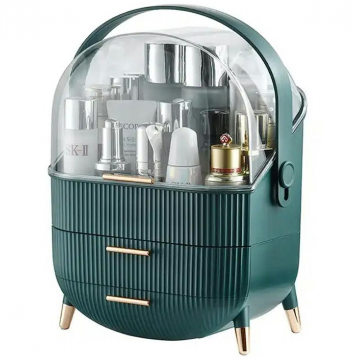 Organizator portabil pentru cosmetice, bijuterii si produse de machiaj, Tecos, spatiu depozitare cu 2 sertare si vitrina, multifunctional, ideal pentru activitati profesionale si calatorii, verde [2]