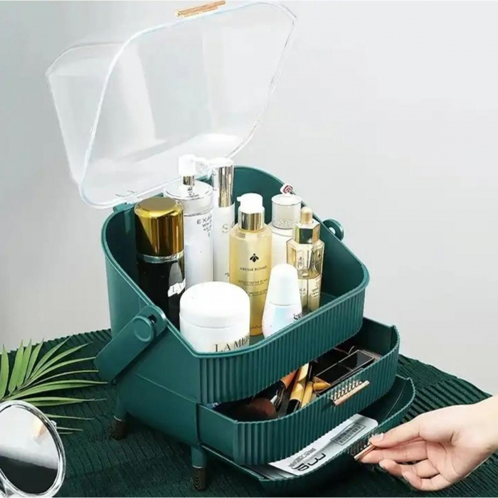 Organizator portabil pentru cosmetice, bijuterii si produse de machiaj, Tecos, spatiu depozitare cu 2 sertare si vitrina, multifunctional, ideal pentru activitati profesionale si calatorii, verde [6]