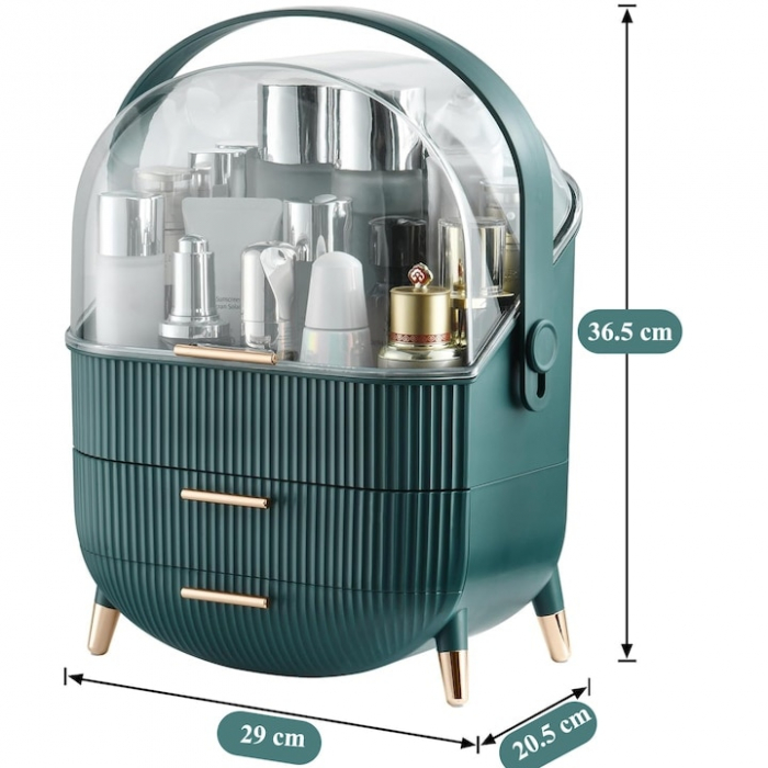 Organizator portabil pentru cosmetice, bijuterii si produse de machiaj, Tecos, spatiu depozitare cu 2 sertare si vitrina, multifunctional, ideal pentru activitati profesionale si calatorii, verde [4]