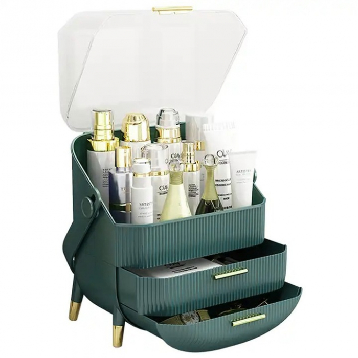 Organizator portabil pentru cosmetice, bijuterii si produse de machiaj, Tecos, spatiu depozitare cu 2 sertare si vitrina, multifunctional, ideal pentru activitati profesionale si calatorii, verde [7]