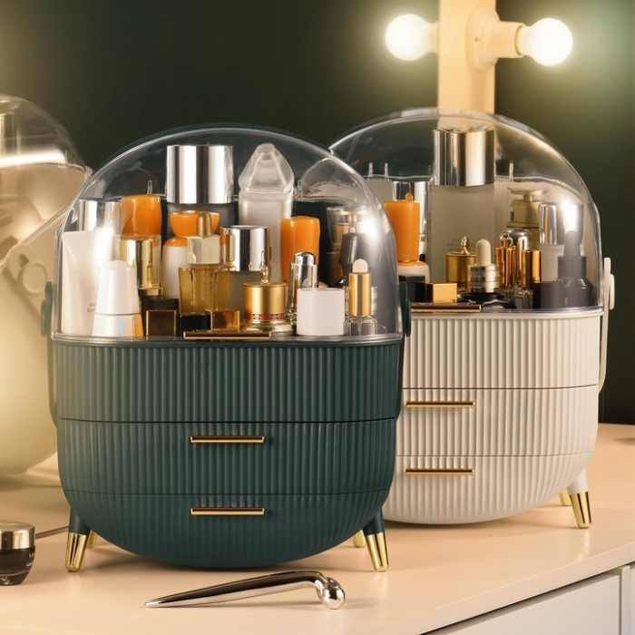 Organizator portabil pentru cosmetice, bijuterii si produse de machiaj, Tecos, spatiu depozitare cu 2 sertare si vitrina, multifunctional, ideal pentru activitati profesionale si calatorii, verde [5]