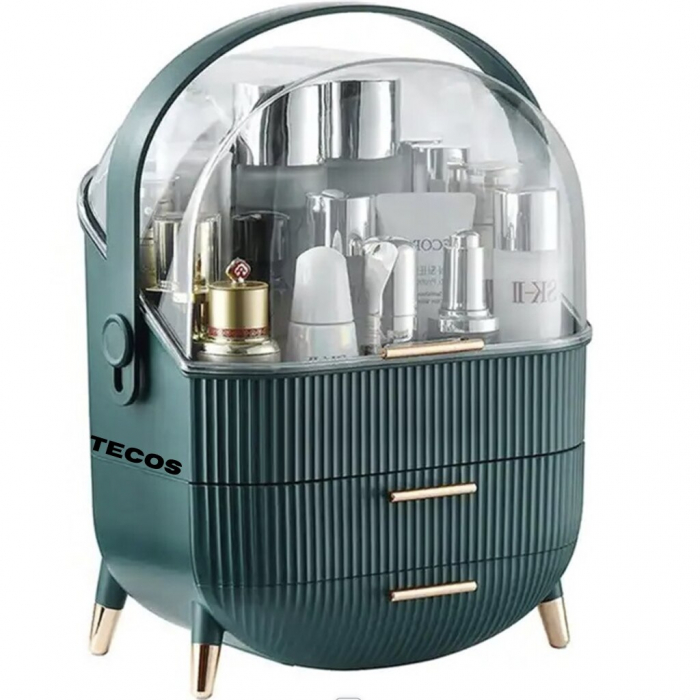 Organizator portabil pentru cosmetice, bijuterii si produse de machiaj, Tecos, spatiu depozitare cu 2 sertare si vitrina, multifunctional, ideal pentru activitati profesionale si calatorii, verde [1]