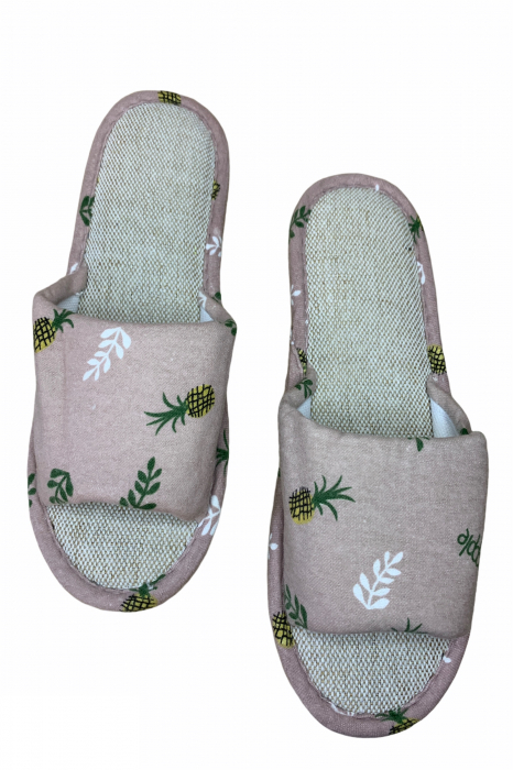 Papuci casa decupati pentru dama, roz, marime 36-37,material textil, imprimeu ananas [3]