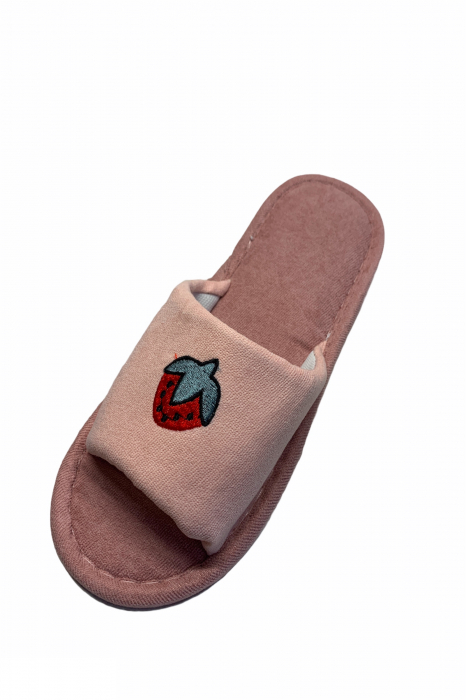 Papuci casa decupati pentru dama, roz, marime 36-37, material textil, imprimeu capsuni [5]