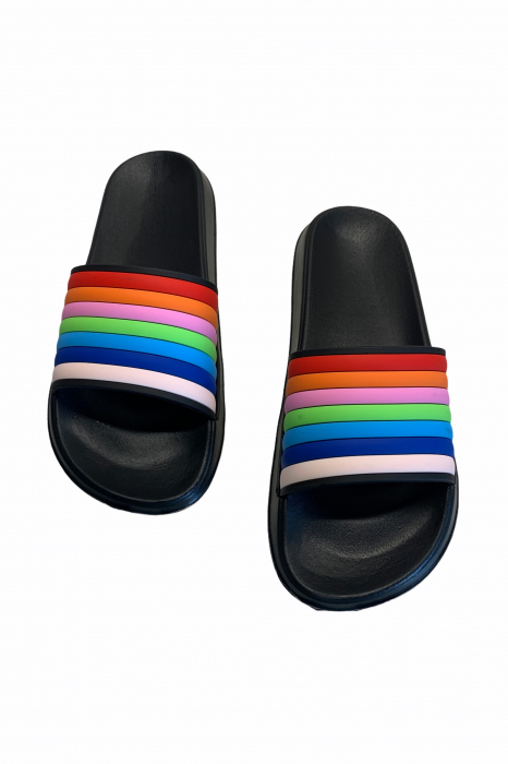 Papuci dama din PVC, negru, marime 41, imprimeu bareta curcubeu [3]