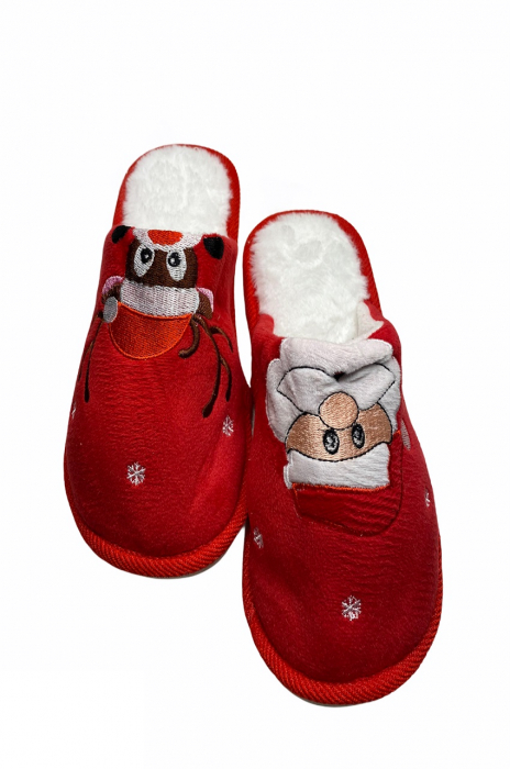 Papuci de casa cu motive de Craciun pentru dama, imprimeu ren si Mos Craciun, rosii, marime 36-37 [3]