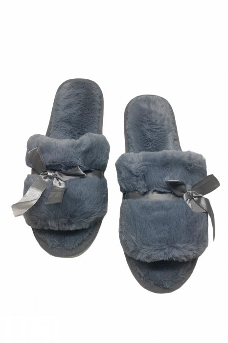 Papuci de casa decupati pentru dama, material material pufos, marime 36-37, gri [5]