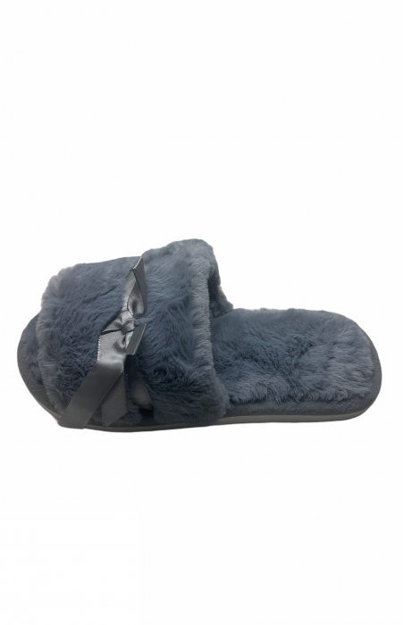 Papuci de casa decupati pentru dama, material material pufos, marime 36-37, gri [2]