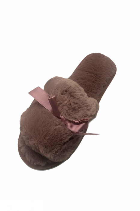 Papuci de casa decupati pentru dama, material material pufos, marime 40-41, maro [5]
