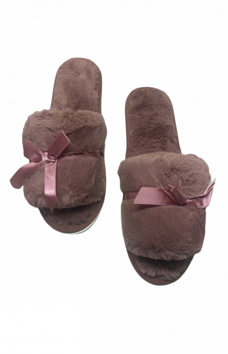 Papuci de casa decupati pentru dama, material material pufos, marime 40-41, maro [3]