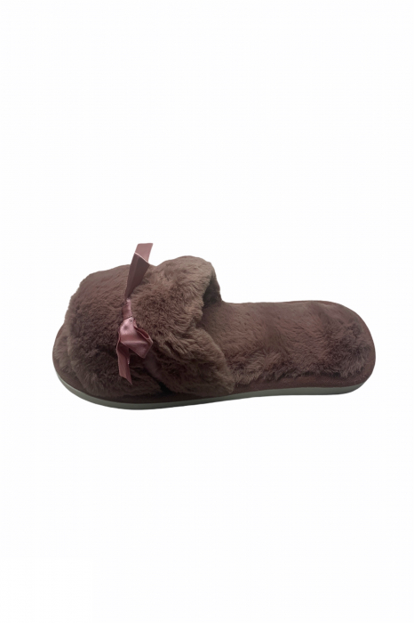 Papuci de casa decupati pentru dama, material material pufos, marime 40-41, maro [2]