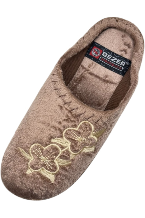 Papuci de casă damă maro cu model floral brodat, talpă moale și interior călduros [4]