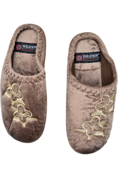 Papuci de casă damă maro cu model floral brodat, talpă moale și interior călduros [6]