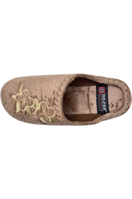 Papuci de casă damă maro cu model floral brodat, talpă moale și interior călduros [3]