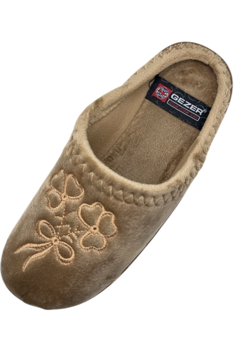 Papuci de casă damă maro cu model floral și funda brodat, talpă moale și interior călduros [4]