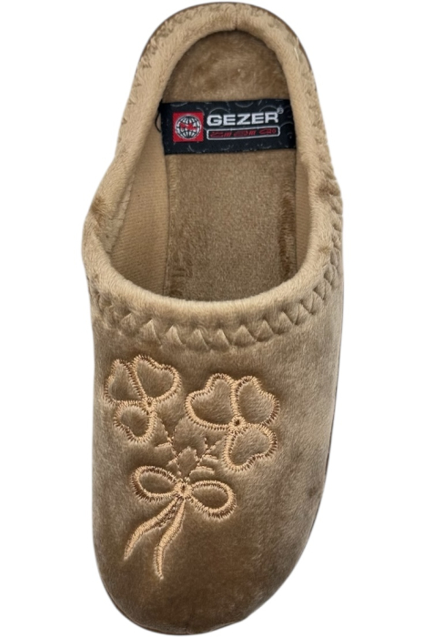 Papuci de casă damă maro cu model floral și funda brodat, talpă moale și interior călduros [5]