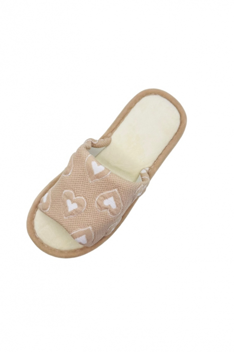 Papuci de casa pentru dama, Tecos®, maro, marime 36-37, 25 centimetri, talpa foarte confortabila, imprimeu inimioare, greutate redusa [4]