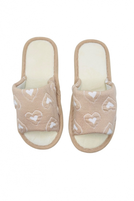 Papuci de casa pentru dama, Tecos®, maro, marime 36-37, 25 centimetri, talpa foarte confortabila, imprimeu inimioare, greutate redusa [6]