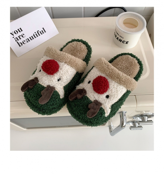 Papuci de casa pentru dama, verde cu imprimeu reni, marime 38-39, 26 centimetri [6]