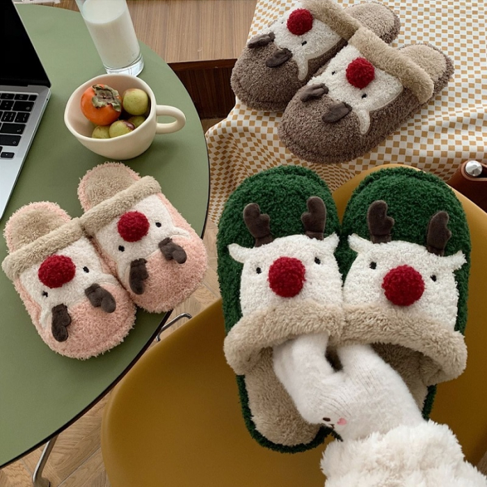 Papuci de casa pentru dama, verde cu imprimeu reni, marime 38-39, 26 centimetri [12]