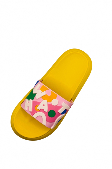 Papuci de plaja sau piscina pentru adulți, TECOS, galben cu imprimeu WHAT, mărime 35-36, 23 centimetri, talpa comoda [4]