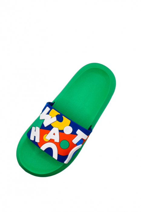 Papuci de plaja sau piscina pentru adulți, TECOS, verde cu imprimeu WHAT, mărime 35-36, 23 centimetri, talpa comoda [6]