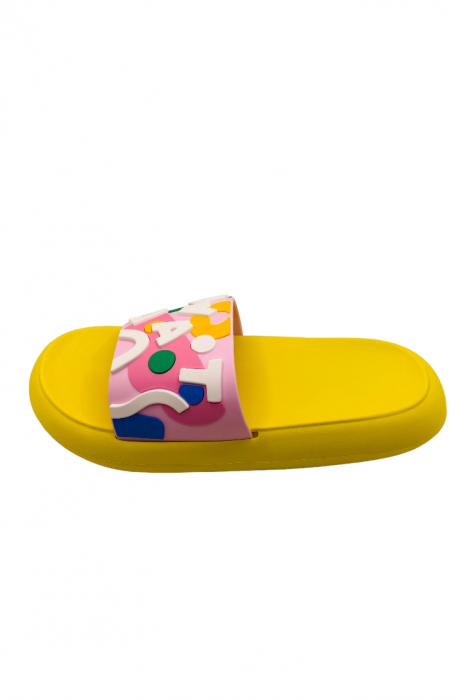 Papuci de plaja sau piscina pentru adulți, TECOS, galben cu imprimeu WHAT, mărime 35-36, 23 centimetri, talpa comoda [2]